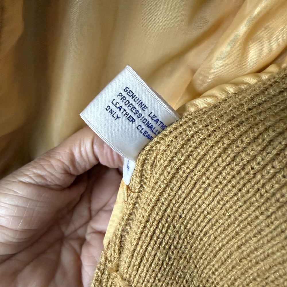 Vintage men’s Repage mustard, leather & knit, shawl neck, button-down cardigan M - Picture 7 of 7